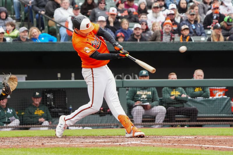 Apr 27, 2024; Baltimore, Maryland, USA; Baltimore Orioles first baseman Ryan Mountcastle (6) hits a home run during the fifth inning against the Oakland Athletics at Oriole Park at Camden Yards. Mandatory Credit: Gregory Fisher-USA TODAY Sports