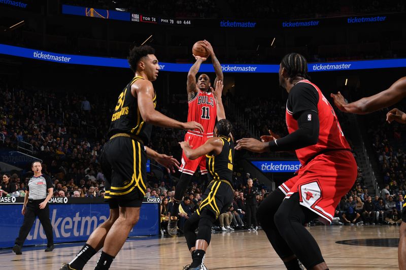 SAN FRANCISCO, CA - MARCH 7:  DeMar DeRozan #11 of the Chicago Bulls shoots the ball during the game against the Golden State Warriors on March 7, 2024 at Chase Center in San Francisco, California. NOTE TO USER: User expressly acknowledges and agrees that, by downloading and or using this photograph, user is consenting to the terms and conditions of Getty Images License Agreement. Mandatory Copyright Notice: Copyright 2024 NBAE (Photo by Noah Graham/NBAE via Getty Images)