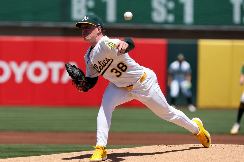 May 10, 2025; West Sacramento, California, USA; Athletics starting pitcher JP Sears (38) throws a pitch against the New York Yankees during the first inning at Sutter Health Park. Mandatory Credit: Dennis Lee-Imagn Images