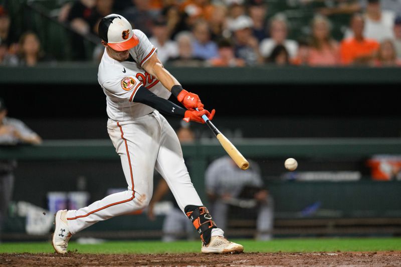 Aug 29, 2023; Baltimore, Maryland, USA; Baltimore Orioles first baseman Ryan Mountcastle (6) hits a single during the sixth inning against the Chicago White Sox at Oriole Park at Camden Yards. Mandatory Credit: Reggie Hildred-USA TODAY Sports