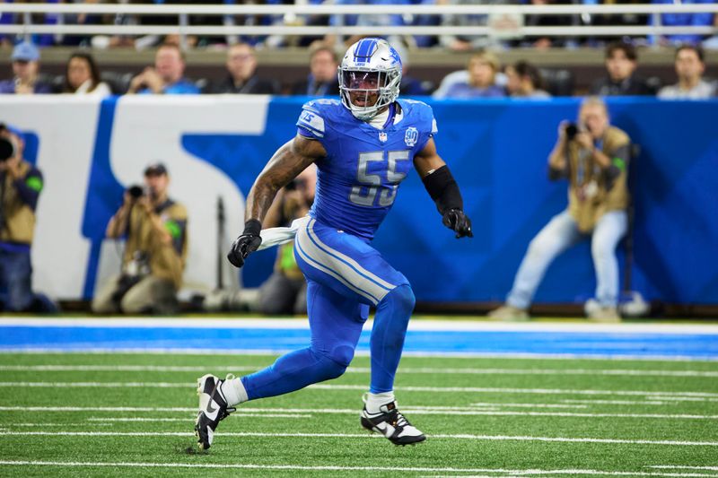 Detroit Lions linebacker Derrick Barnes (55) pursues a play on defense against the Chicago Bears during an NFL football game at Ford Field in Detroit, Sunday, Nov. 19, 2023. (AP Photo/Rick Osentoski)