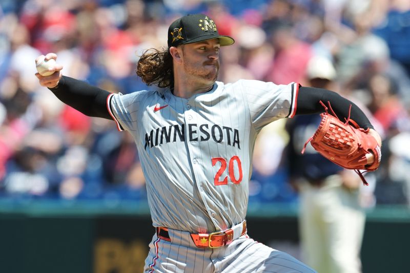 May 19, 2024; Cleveland, Ohio, USA; Minnesota Twins starting pitcher Chris Paddack (20) throws a pitch during the first inning against the Cleveland Guardians at Progressive Field. Mandatory Credit: Ken Blaze-USA TODAY Sports