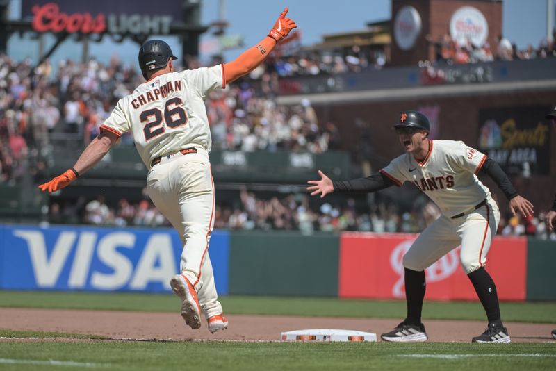 Jun 7, 2025; San Francisco, California, USA;  San Francisco Giants third baseman Matt Chapman (26) celebrates after hitting a walk off home run against the Atlanta Braves during the ninth inning at Oracle Park. Mandatory Credit: Ed Szczepanski-Imagn Images