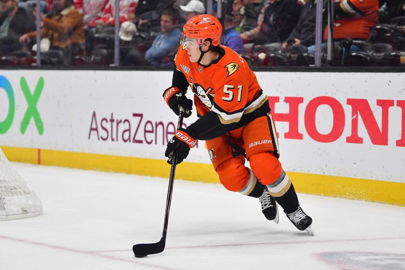 Nov 15, 2024; Anaheim, California, USA; Anaheim Ducks defenseman Olen Zellweger (51) controls the puck against the Detroit Red Wings during the first period at Honda Center. Mandatory Credit: Gary A. Vasquez-Imagn Images