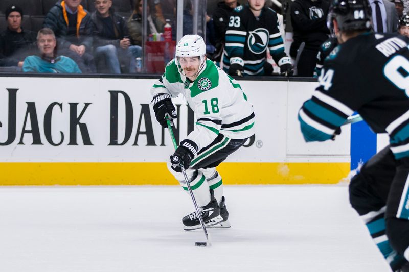 Mar 5, 2024; San Jose, California, USA; Dallas Stars center Sam Steel (18) looks to pass against the San Jose Sharks during the first period at SAP Center at San Jose. Mandatory Credit: John Hefti-USA TODAY Sports