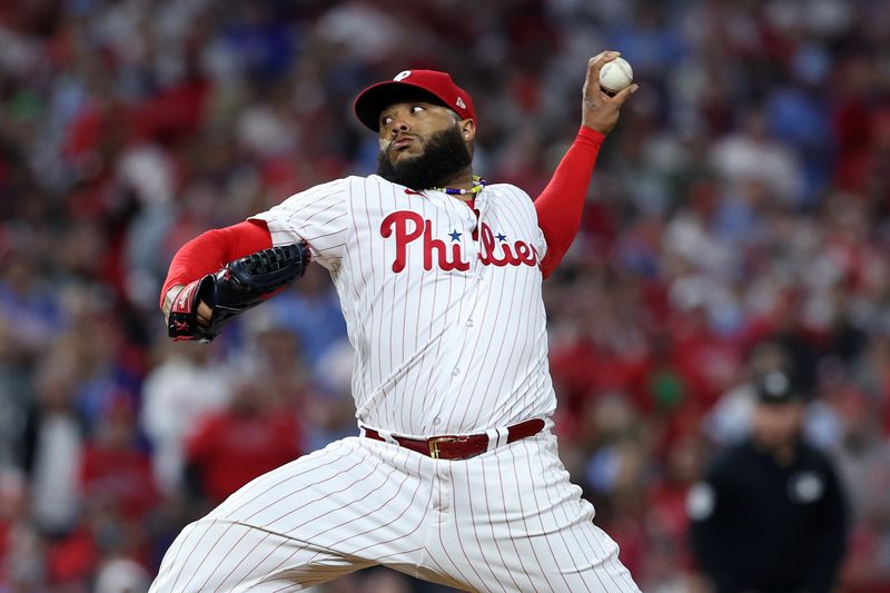 Oct 24, 2023; Philadelphia, Pennsylvania, USA; Philadelphia Phillies relief pitcher Jose Alvarado (46) throws a pitch against the Arizona Diamondbacks in the seventh inning for game seven of the NLCS for the 2023 MLB playoffs at Citizens Bank Park. Mandatory Credit: Bill Streicher-USA TODAY Sports