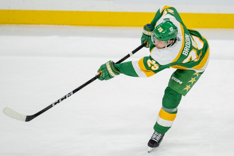 Dec 31, 2024; Saint Paul, Minnesota, USA; Minnesota Wild defenseman Jonas Brodin (25) shoots and scores against the Nashville Predators in the second period at Xcel Energy Center. Mandatory Credit: Matt Blewett-Imagn Images