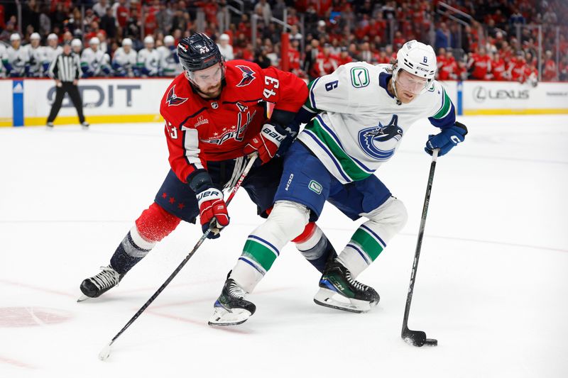 Feb 11, 2024; Washington, District of Columbia, USA; Vancouver Canucks right wing Brock Boeser (6) and Washington Capitals right wing Tom Wilson (43) battles for the puck in overtime at Capital One Arena. Mandatory Credit: Geoff Burke-USA TODAY Sports