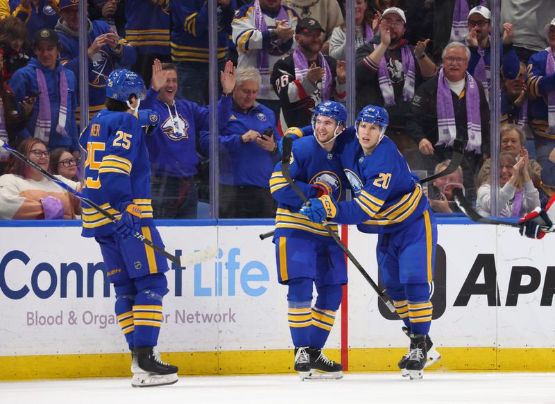 Nov 1, 2025; Buffalo, New York, USA;  Buffalo Sabres right wing Isak Rosen (63) celebrates his first career NHL goal with teammates during the first period against the Washington Capitals at KeyBank Center. Mandatory Credit: Timothy T. Ludwig-Imagn Images