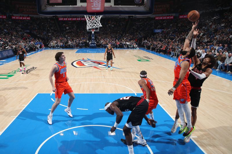 OKLAHOMA CITY, OK - JANUARY 23: Kenrich Williams #34 of the Oklahoma City Thunder grabs the rebound during the game against the Portland Trail Blazers on January 23, 2024 at Paycom Arena in Oklahoma City, Oklahoma. NOTE TO USER: User expressly acknowledges and agrees that, by downloading and or using this photograph, User is consenting to the terms and conditions of the Getty Images License Agreement. Mandatory Copyright Notice: Copyright 2024 NBAE (Photo by Zach Beeker/NBAE via Getty Images)