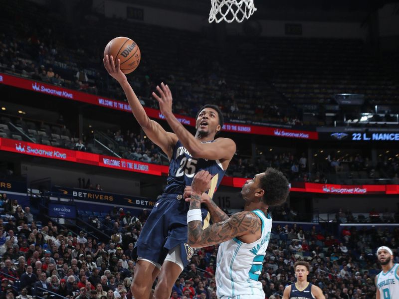 NEW ORLEANS, LA - JANUARY 17: Trey Murphy III #25 of the New Orleans Pelicans shoots the ball during the game against the Charlotte Hornets on January 17, 2024 at the Smoothie King Center in New Orleans, Louisiana. NOTE TO USER: User expressly acknowledges and agrees that, by downloading and or using this Photograph, user is consenting to the terms and conditions of the Getty Images License Agreement. Mandatory Copyright Notice: Copyright 2024 NBAE (Photo by Layne Murdoch Jr./NBAE via Getty Images)