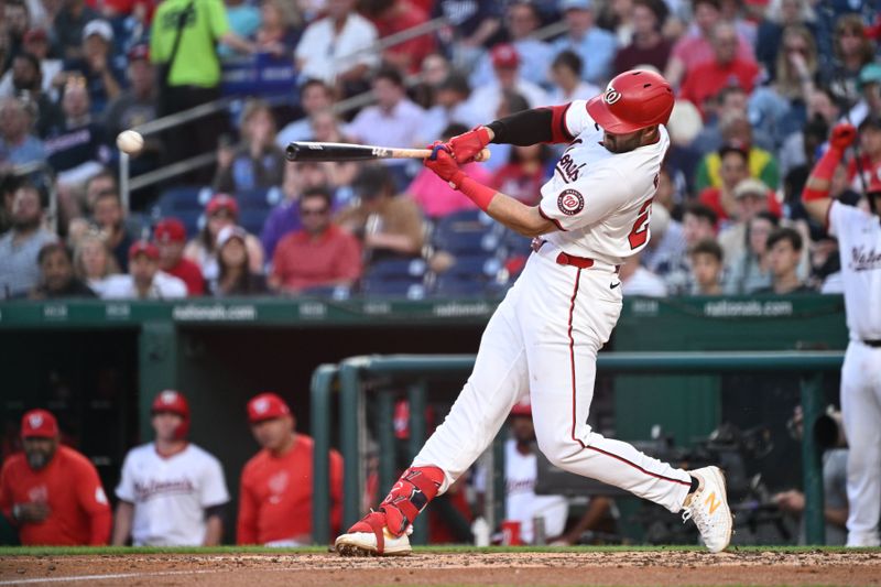 May 20, 2024; Washington, District of Columbia, USA; Washington Nationals first baseman Joey Gallo (24) gets a base hit against the Minnesota Twins during the fifth inning at Nationals Park. Mandatory Credit: Rafael Suanes-USA TODAY Sports