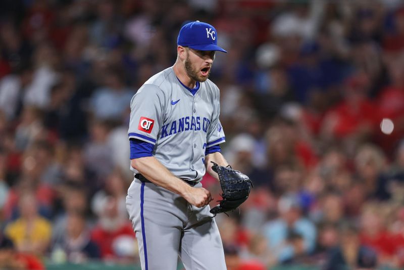 Jul 12, 2024; Boston, Massachusetts, USA; Kansas City Royals relief pitcher Chris Stratton (35) reacts during the eighth inning against the Boston Red Sox at Fenway Park. Mandatory Credit: Paul Rutherford-USA TODAY Sports