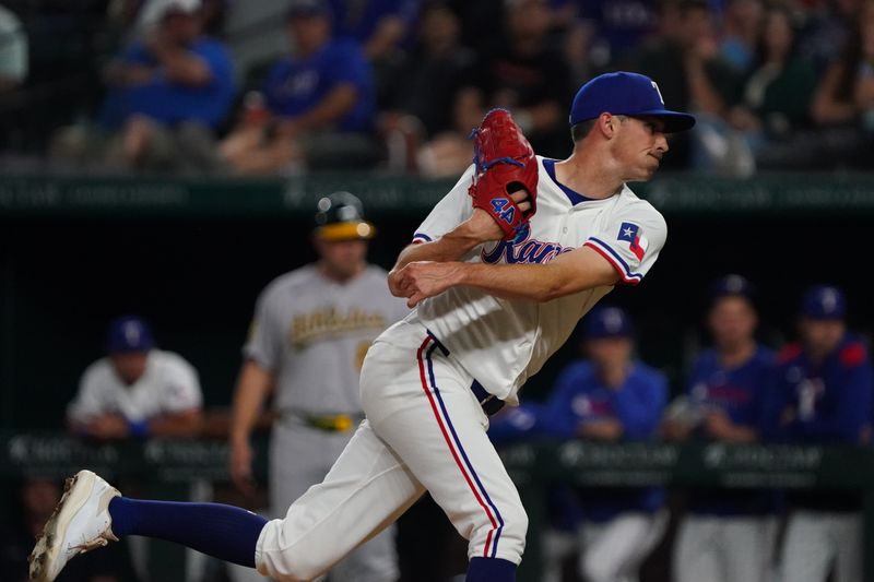 Apr 28, 2025; Arlington, Texas, USA; Texas Rangers pitcher Hoby Milner (41) follows through on a pitch during the ninth inning against the Athletics at Globe Life Field. Mandatory Credit: Raymond Carlin III-Imagn Images