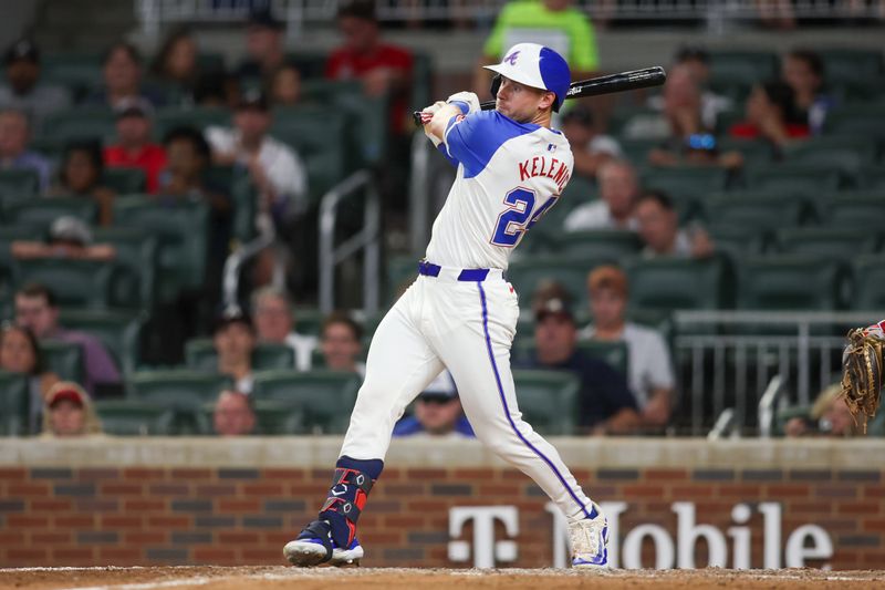 Aug 3, 2024; Atlanta, Georgia, USA; Atlanta Braves center fielder Jarred Kelenic (24) hits a single against the Miami Marlins in the ninth inning at Truist Park. Mandatory Credit: Brett Davis-USA TODAY Sports
