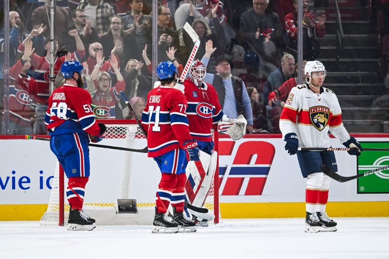 Mar 15, 2025; Montreal, Quebec, CAN; Montreal Canadiens goalie Sam Montembeault (35) reacts after the win against the Florida Panthers after the third period at Bell Centre. Mandatory Credit: David Kirouac-Imagn Images