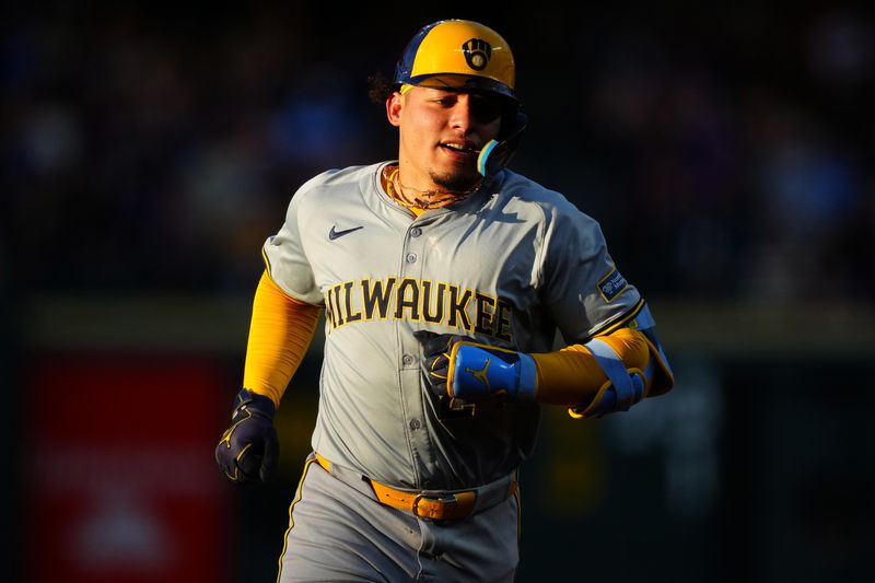 Jul 1, 2024; Denver, Colorado, USA; Milwaukee Brewers catcher William Contreras (24) runs off his solo home run in the fifth inning against the Colorado Rockies at Coors Field. Mandatory Credit: Ron Chenoy-USA TODAY Sports