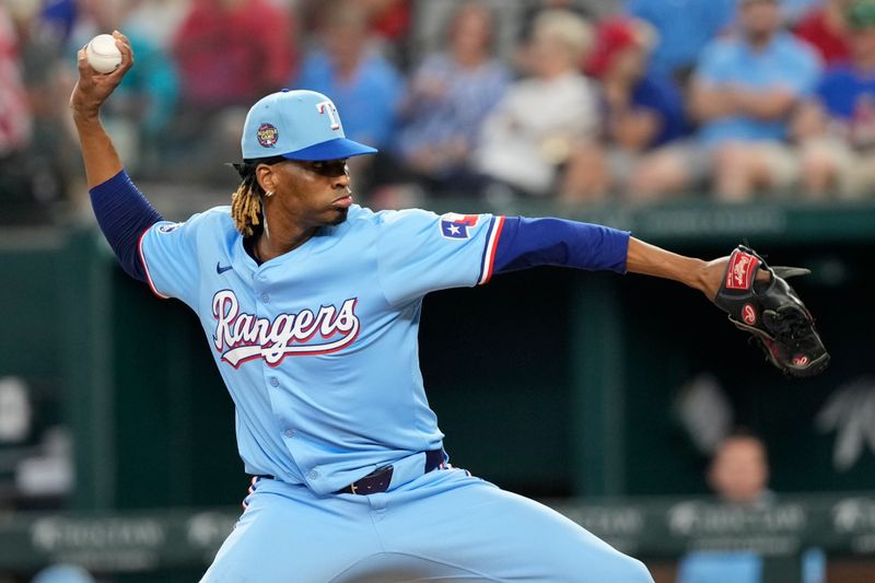 Jun 23, 2024; Arlington, Texas, USA; Texas Rangers relief pitcher Jose Urena (54) delivers a pitch to the Kansas City Royals during the sixth inning at Globe Life Field. Mandatory Credit: Jim Cowsert-USA TODAY Sports