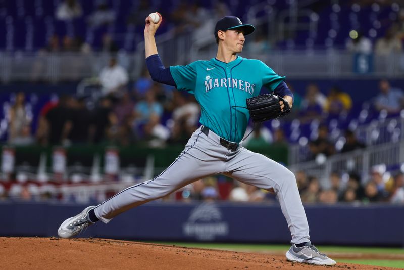 Jun 21, 2024; Miami, Florida, USA; Seattle Mariners starting pitcher George Kirby (68) delivers a pitch against the Miami Marlins during the first inning at loanDepot Park. Mandatory Credit: Sam Navarro-USA TODAY Sports