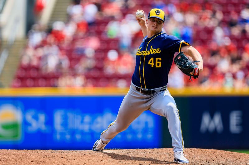 Jun 4, 2025; Cincinnati, Ohio, USA; Milwaukee Brewers relief pitcher Quinn Priester (46) pitches against the Cincinnati Reds in the sixth inning at Great American Ball Park. Mandatory Credit: Katie Stratman-Imagn Images