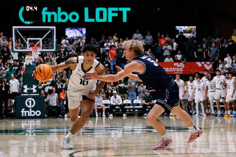 Mar 1, 2025; Fort Collins, Colorado, USA; Colorado State Rams guard Nique Clifford (10) controls the ball as Utah State Aggies guard Jordy Barnes (5) guards in the first half at Moby Arena. Mandatory Credit: Isaiah J. Downing-Imagn Images