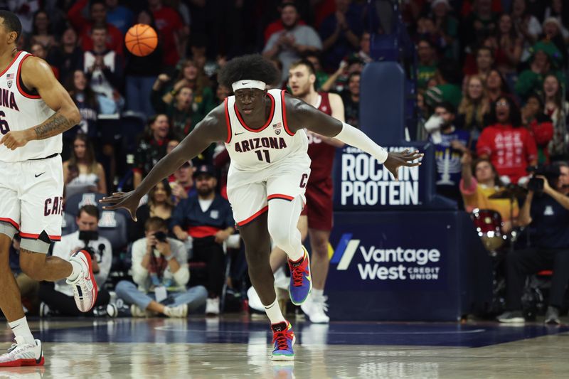 Dec 2, 2023; Tucson, Arizona, USA; Arizona Wildcats center Oumar Ballo (11) celebrates a basket against the Colgate Raiders during the first half at McKale Center. Mandatory Credit: Zachary BonDurant-USA TODAY Sports