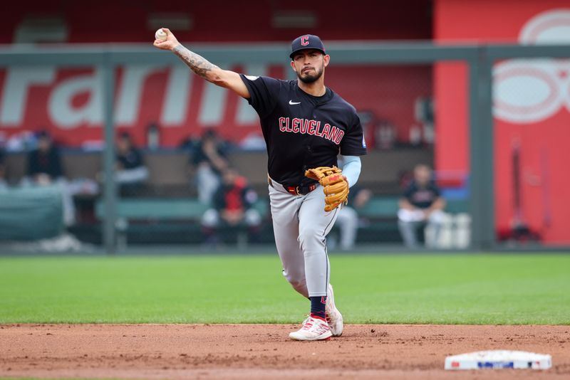 Jun 28, 2023; Kansas City, Missouri, USA; Cleveland Guardians third base Gabriel Arias (13) throws to first base during the first inning against the Kansas City Royals at Kauffman Stadium. Mandatory Credit: William Purnell-USA TODAY Sports