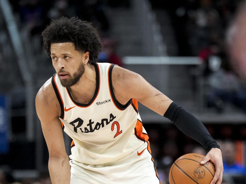 DETROIT, MICHIGAN - JANUARY 09: Cade Cunningham #2 of the Detroit Pistons handles the ball against the Golden State Warriors at Little Caesars Arena on January 09, 2025 in Detroit, Michigan. NOTE TO USER: User expressly acknowledges and agrees that, by downloading and or using this photograph, User is consenting to the terms and conditions of the Getty Images License Agreement. (Photo by Nic Antaya/Getty Images)