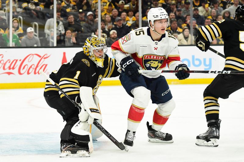 May 17, 2024; Boston, Massachusetts, USA; Florida Panthers center Anton Lundell (15) tries to screen Boston Bruins goaltender Jeremy Swayman (1) during the second period in game six of the second round of the 2024 Stanley Cup Playoffs at TD Garden. Mandatory Credit: Bob DeChiara-USA TODAY Sports