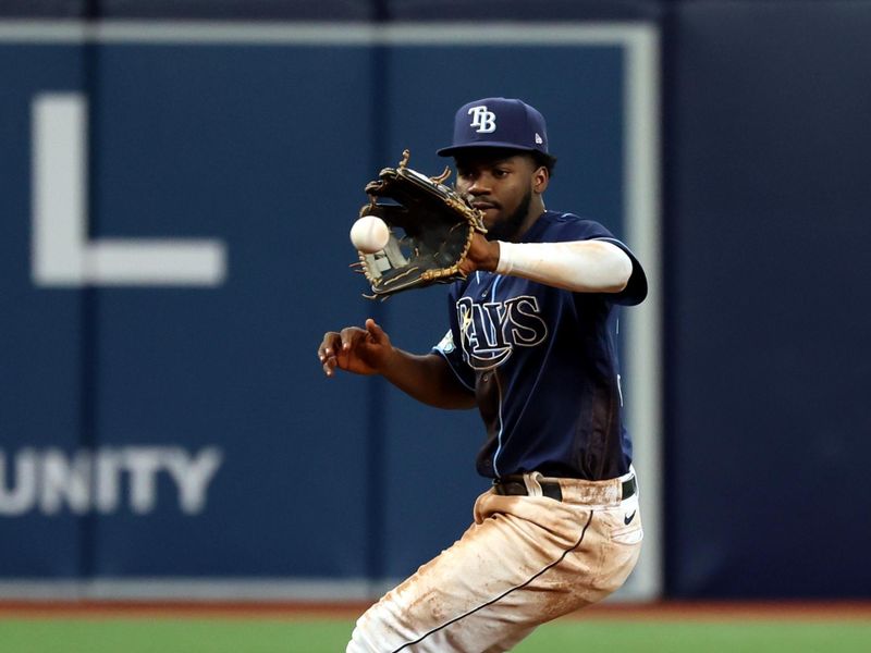 Sep 6, 2023; St. Petersburg, Florida, USA;  Tampa Bay Rays shortstop Osleivis Basabe (37) fields the ball during the eighth inning against the Boston Red Sox at Tropicana Field. Mandatory Credit: Kim Klement Neitzel-USA TODAY Sports