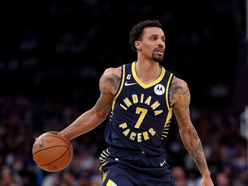 NEW YORK, NEW YORK - APRIL 09:  George Hill #7 of the Indiana Pacers leads the offense in the first half against the New York Knicks at Madison Square Garden on April 09, 2023 in New York City. NOTE TO USER: User expressly acknowledges and agrees that, by downloading and or using this photograph, User is consenting to the terms and conditions of the Getty Images License Agreement. (Photo by Elsa/Getty Images)