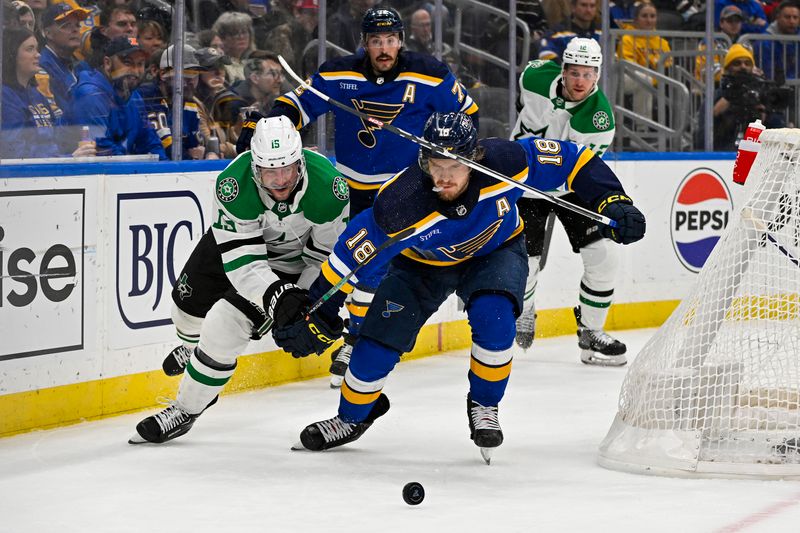 Dec 27, 2023; St. Louis, Missouri, USA;  Dallas Stars center Craig Smith (15) and St. Louis Blues center Robert Thomas (18) battle for the puck during the first period at Enterprise Center. Mandatory Credit: Jeff Curry-USA TODAY Sports