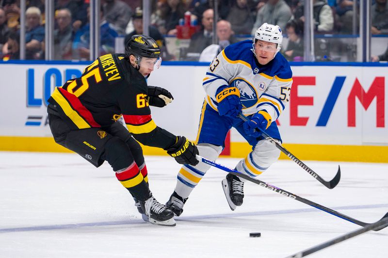 Mar 19, 2024; Vancouver, British Columbia, CAN; Buffalo Sabres forward Jeff Skinner (53) passes around Vancouver Canucks forward Ilya Mikheyev (65) in the second period at Rogers Arena. Mandatory Credit: Bob Frid-USA TODAY Sports