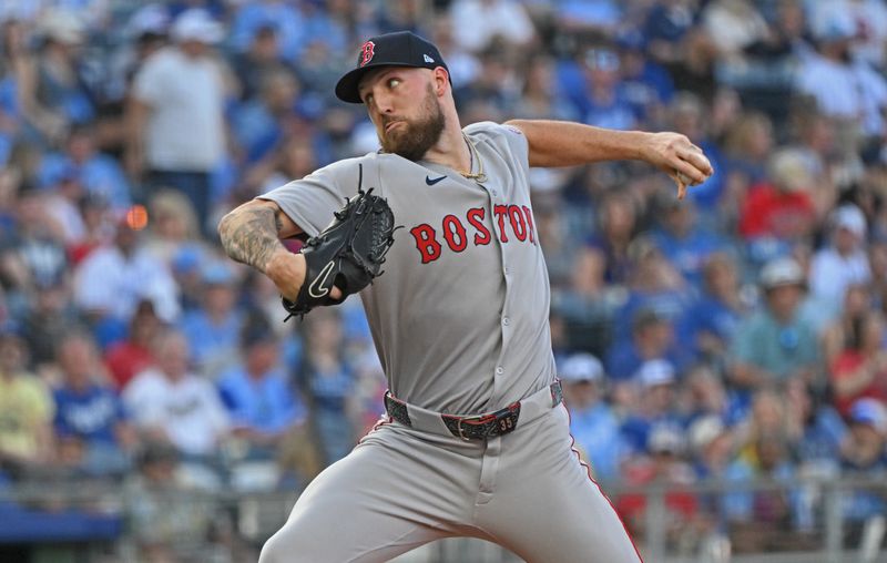 May 10, 2025; Kansas City, Missouri, USA;  Boston Red Sox starting pitcher Garrett Crochet (35) throws a pitch in the first inning against the Kansas City Royals at Kauffman Stadium. Mandatory Credit: Peter Aiken-Imagn Images