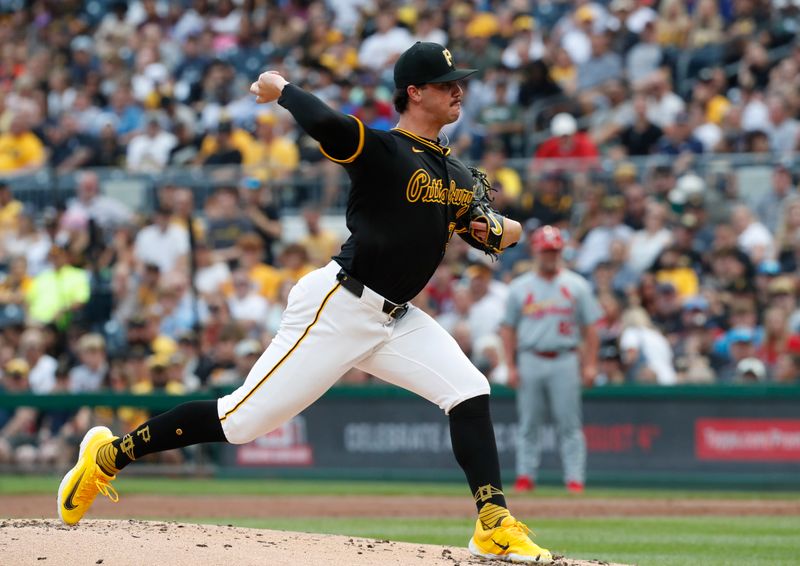 Jul 23, 2024; Pittsburgh, Pennsylvania, USA;  Pittsburgh Pirates starting pitcher Paul Skenes (30) pitches against the St. Louis Cardinals during the second inning at PNC Park. Mandatory Credit: Charles LeClaire-USA TODAY Sports