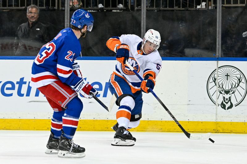 Apr 13, 2024; New York, New York, USA;  New York Islanders center Casey Cizikas (53) attempts a shot defended by New York Rangers defenseman Adam Fox (23) during the first period at Madison Square Garden. Mandatory Credit: Dennis Schneidler-USA TODAY Sports