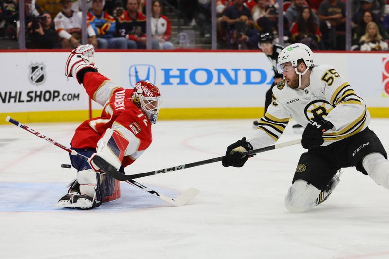 May 6, 2024; Sunrise, Florida, USA; Boston Bruins right wing Justin Brazeau (55) scores against Florida Panthers goaltender Sergei Bobrovsky (72) during the third period in game one of the second round of the 2024 Stanley Cup Playoffs at Amerant Bank Arena. Mandatory Credit: Sam Navarro-USA TODAY Sports