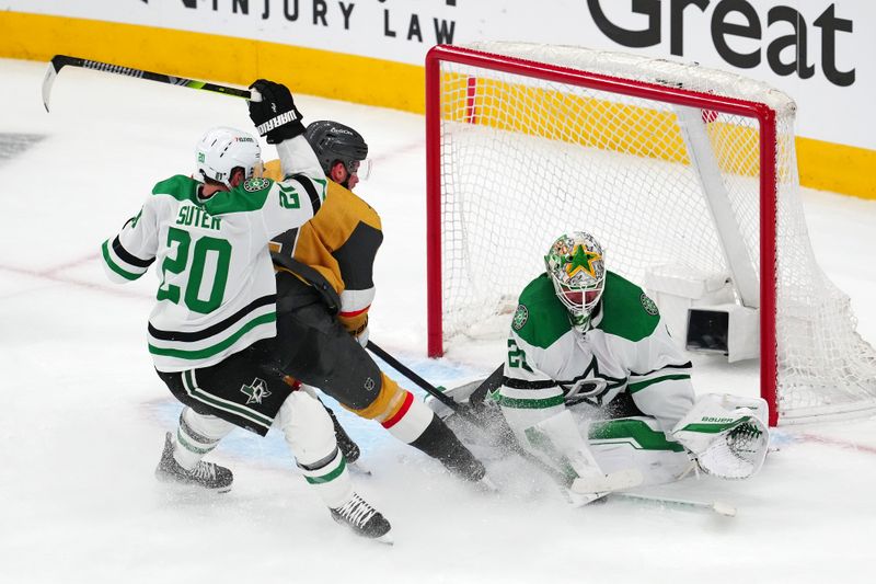 Apr 29, 2024; Las Vegas, Nevada, USA; Dallas Stars goaltender Jake Oettinger (29) makes a save against Vegas Golden Knights center Jack Eichel (9) during the third period of game four of the first round of the 2024 Stanley Cup Playoffs at T-Mobile Arena. Mandatory Credit: Stephen R. Sylvanie-USA TODAY Sports