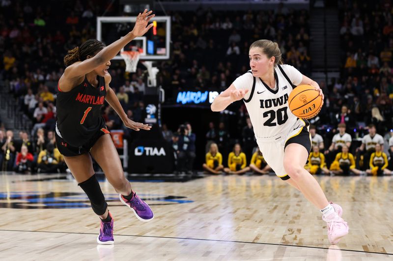 Mar 4, 2023; Minneapolis, MINN, USA; Iowa Hawkeyes guard Kate Martin (20) dribbles while Maryland Terrapins guard Diamond Miller (1) defends during the first half at Target Center. Mandatory Credit: Matt Krohn-USA TODAY Sports