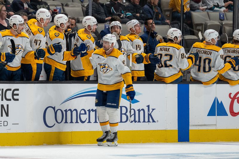 Jan 23, 2025; San Jose, California, USA;  Nashville Predators center Steven Stamkos (91) celebrates with teammates after the goal against the San Jose Sharks during the second period at SAP Center at San Jose. Mandatory Credit: Neville E. Guard-Imagn Images