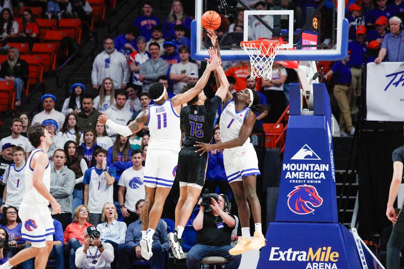 Feb 20, 2024; Boise, Idaho, USA;  Boise State Broncos forward O'Mar Stanley (1) blocks the shot of San Jose State Spartans forward Trey Anderson (15) during the second half  at ExtraMile Arena. Mandatory Credit: Brian Losness-USA TODAY Sports


