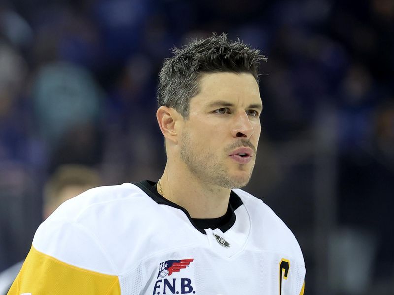 Oct 7, 2025; New York, New York, USA; Pittsburgh Penguins center Sidney Crosby (87) before an opening night game against the New York Rangers at Madison Square Garden. Mandatory Credit: Brad Penner-Imagn Images