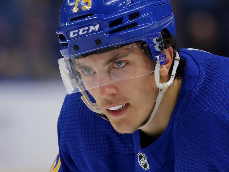 Feb 15, 2024; Buffalo, New York, USA;  Buffalo Sabres center Peyton Krebs (19) waits for the face-off during the second period against the Florida Panthers at KeyBank Center. Mandatory Credit: Timothy T. Ludwig-USA TODAY Sports