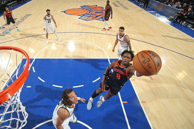 NEW YORK, NY - JANUARY 25: OG Anunoby #8 of the New York Knicks shoots the ball during the game against the Denver Nuggets on January 25, 2024 at Madison Square Garden in New York City, New York.  NOTE TO USER: User expressly acknowledges and agrees that, by downloading and or using this photograph, User is consenting to the terms and conditions of the Getty Images License Agreement. Mandatory Copyright Notice: Copyright 2024 NBAE  (Photo by Nathaniel S. Butler/NBAE via Getty Images)