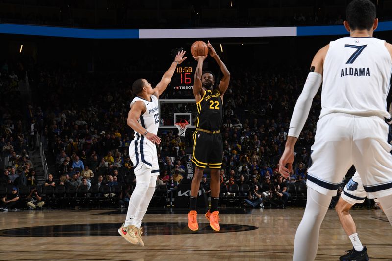 SAN FRANCISCO, CA - MARCH 20: Andrew Wiggins #22 of the Golden State Warriors shoots the ball during the game against the Memphis Grizzlies on March 20, 2024 at Chase Center in San Francisco, California. NOTE TO USER: User expressly acknowledges and agrees that, by downloading and or using this photograph, user is consenting to the terms and conditions of Getty Images License Agreement. Mandatory Copyright Notice: Copyright 2024 NBAE (Photo by Noah Graham/NBAE via Getty Images)