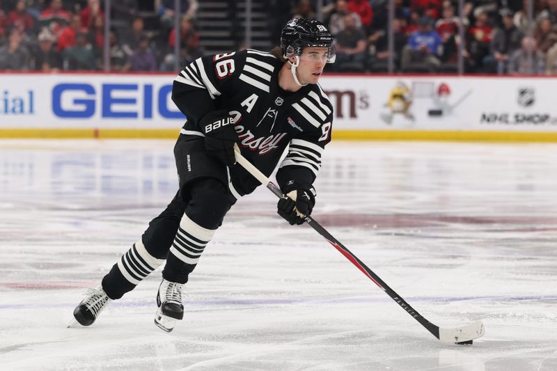 Mar 14, 2026; Newark, New Jersey, USA; New Jersey Devils center Jack Hughes (86) skates with the puck against the Los Angeles Kings during the second period at Prudential Center. Mandatory Credit: Ed Mulholland-Imagn Images Mar 14, 2026; Newark, New Jersey, USA; New Jersey Devils center Jack Hughes (86) skates with the puck against the Los Angeles Kings during the second period at Prudential Center. Mandatory Credit: Ed Mulholland-Imagn Images