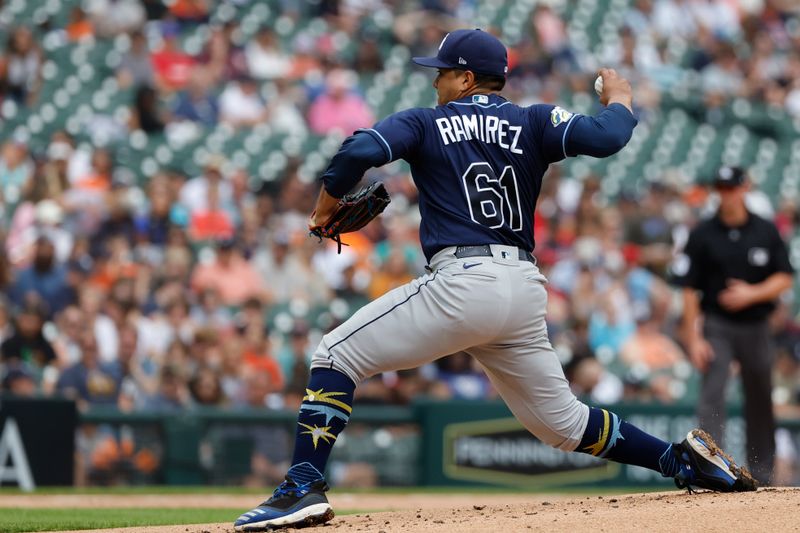 Aug 6, 2023; Detroit, Michigan, USA; Tampa Bay Rays relief pitcher Erasmo Ramirez (61) pitches against the Detroit Tigers at Comerica Park. Mandatory Credit: Rick Osentoski-USA TODAY Sports