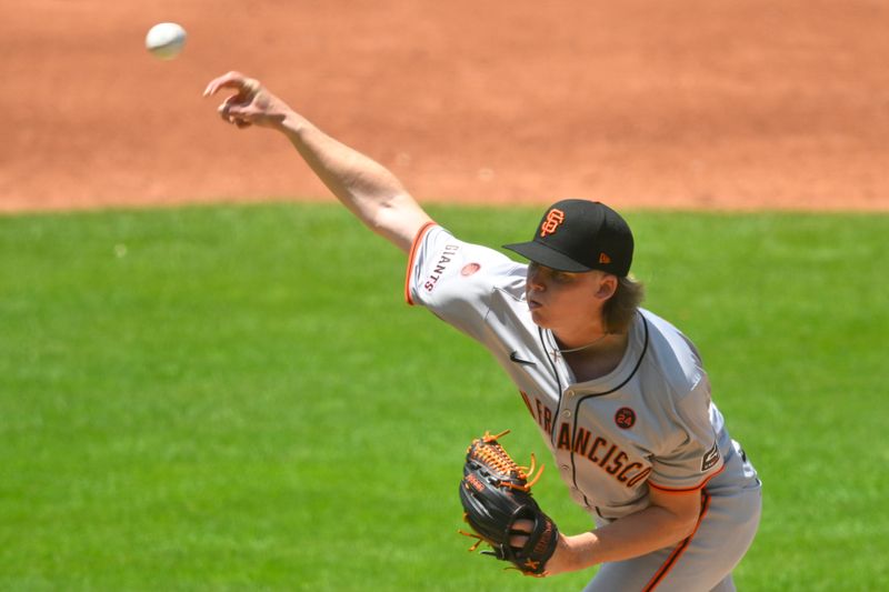 Jul 7, 2024; Cleveland, Ohio, USA; San Francisco Giants starting pitcher Hayden Birdsong (60) delivers a pitch in the second inning against the Cleveland Guardians at Progressive Field. Mandatory Credit: David Richard-USA TODAY Sports