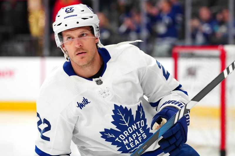 Feb 22, 2024; Las Vegas, Nevada, USA; Toronto Maple Leafs defenseman Jake McCabe (22) warms up before a game against the Vegas Golden Knights at T-Mobile Arena. Mandatory Credit: Stephen R. Sylvanie-USA TODAY Sports