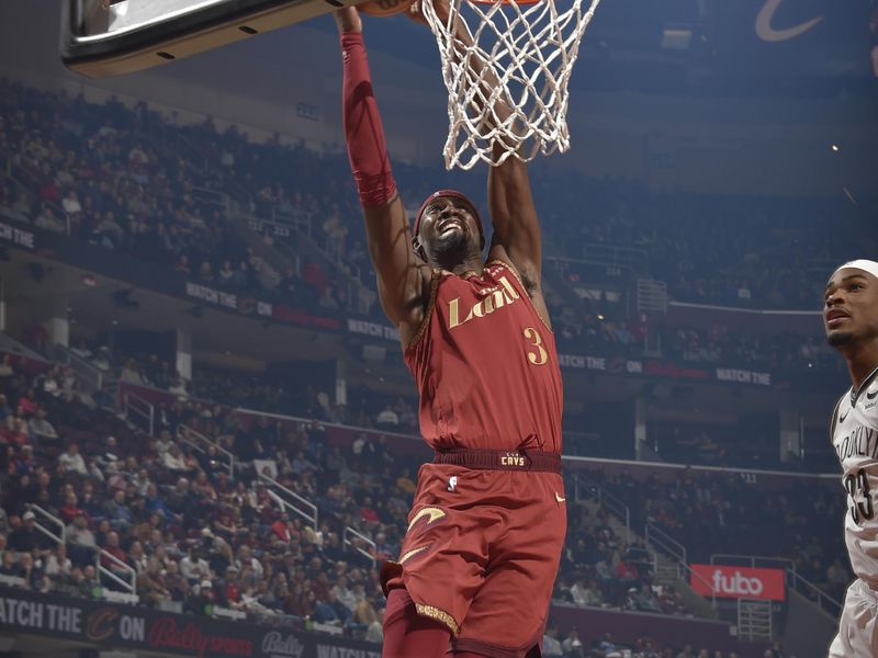 CLEVELAND, OH - MARCH 10: Caris LeVert #3 of the Cleveland Cavaliers drives to the basket during the game against the Brooklyn Nets on March 10, 2024 at Rocket Mortgage FieldHouse in Cleveland, Ohio. NOTE TO USER: User expressly acknowledges and agrees that, by downloading and/or using this Photograph, user is consenting to the terms and conditions of the Getty Images License Agreement. Mandatory Copyright Notice: Copyright 2024 NBAE (Photo by David Liam Kyle/NBAE via Getty Images)